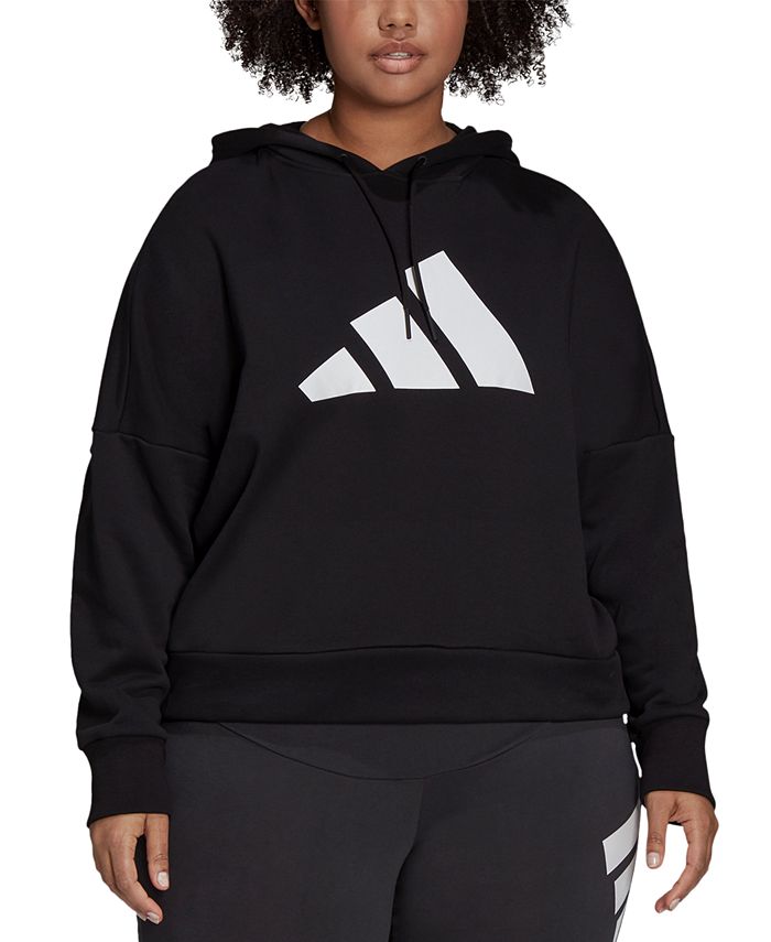 adidas Women's Stretch Ribbed Drawstring Zippered Sleeve Logo Graphic Dolman Sleeve Hoodie Top Black Size 3X