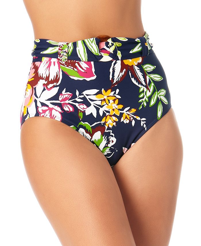 Anne Cole Women's High Waist Floral Print Swim Bottoms Swimsuit Blue Size X-Small