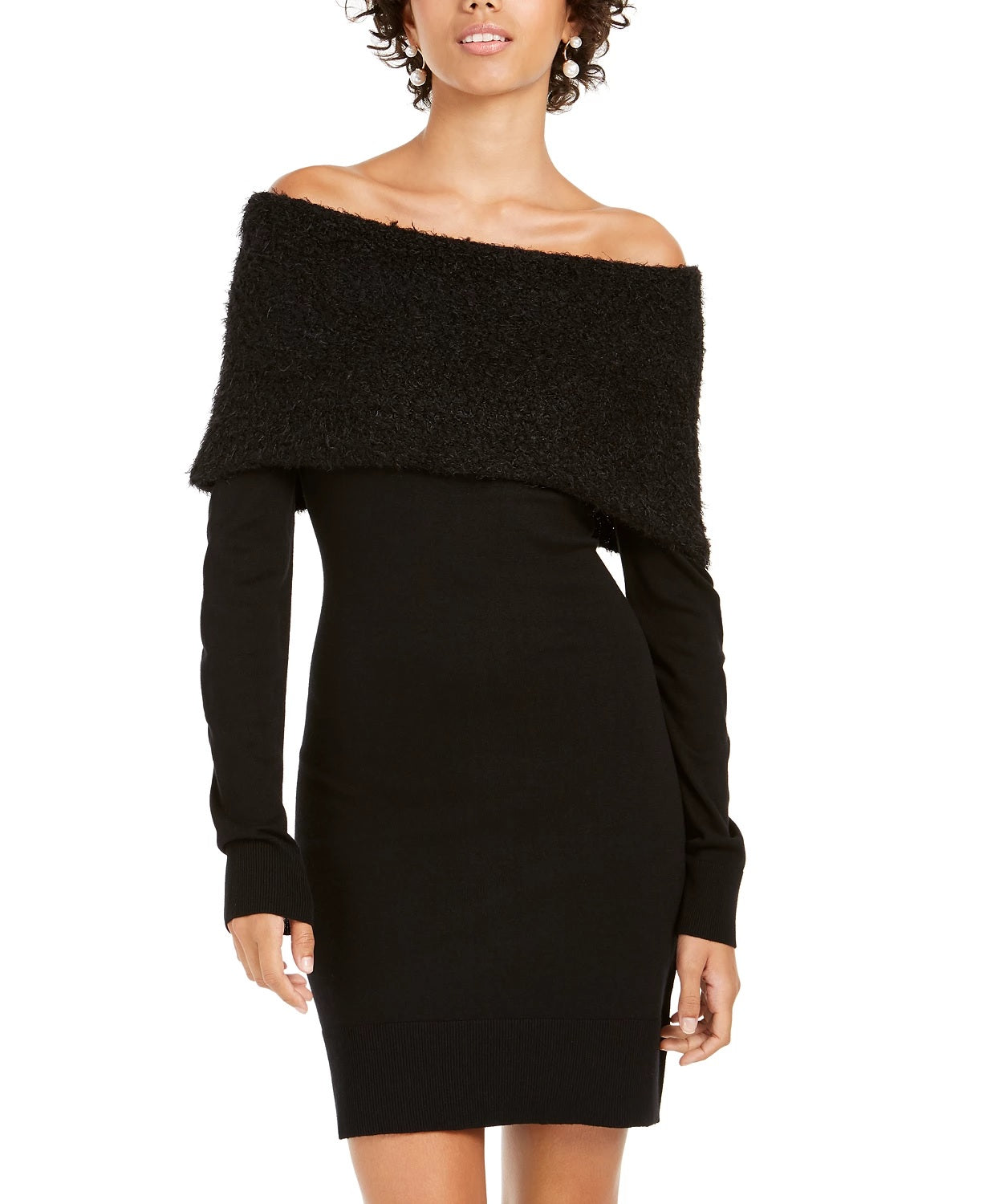 BCX Juniors' Off-The-Shoulder Foldover Sweater Dress Black Size Small