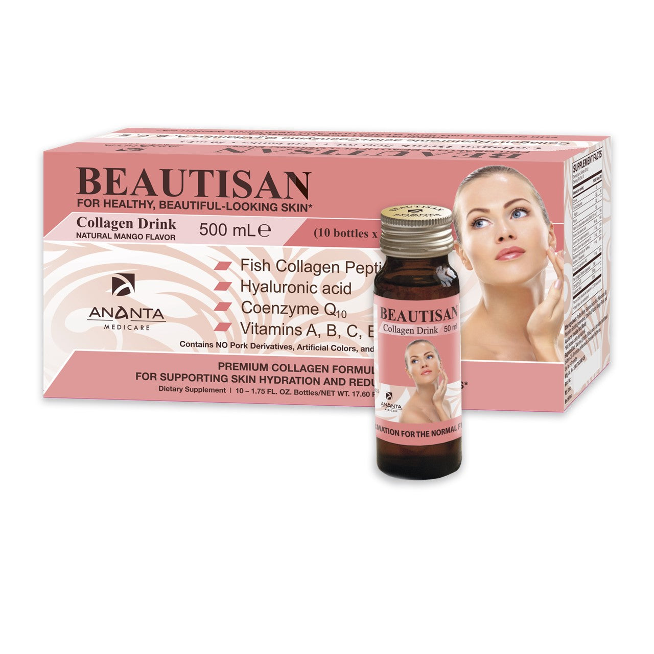 BEAUTISAN Ananta Medicare Limited for Healthy, Beautiful-Looking Skin Collagen Drink Natural Mango Flavor - 1.75 Oz (10 Bottles)