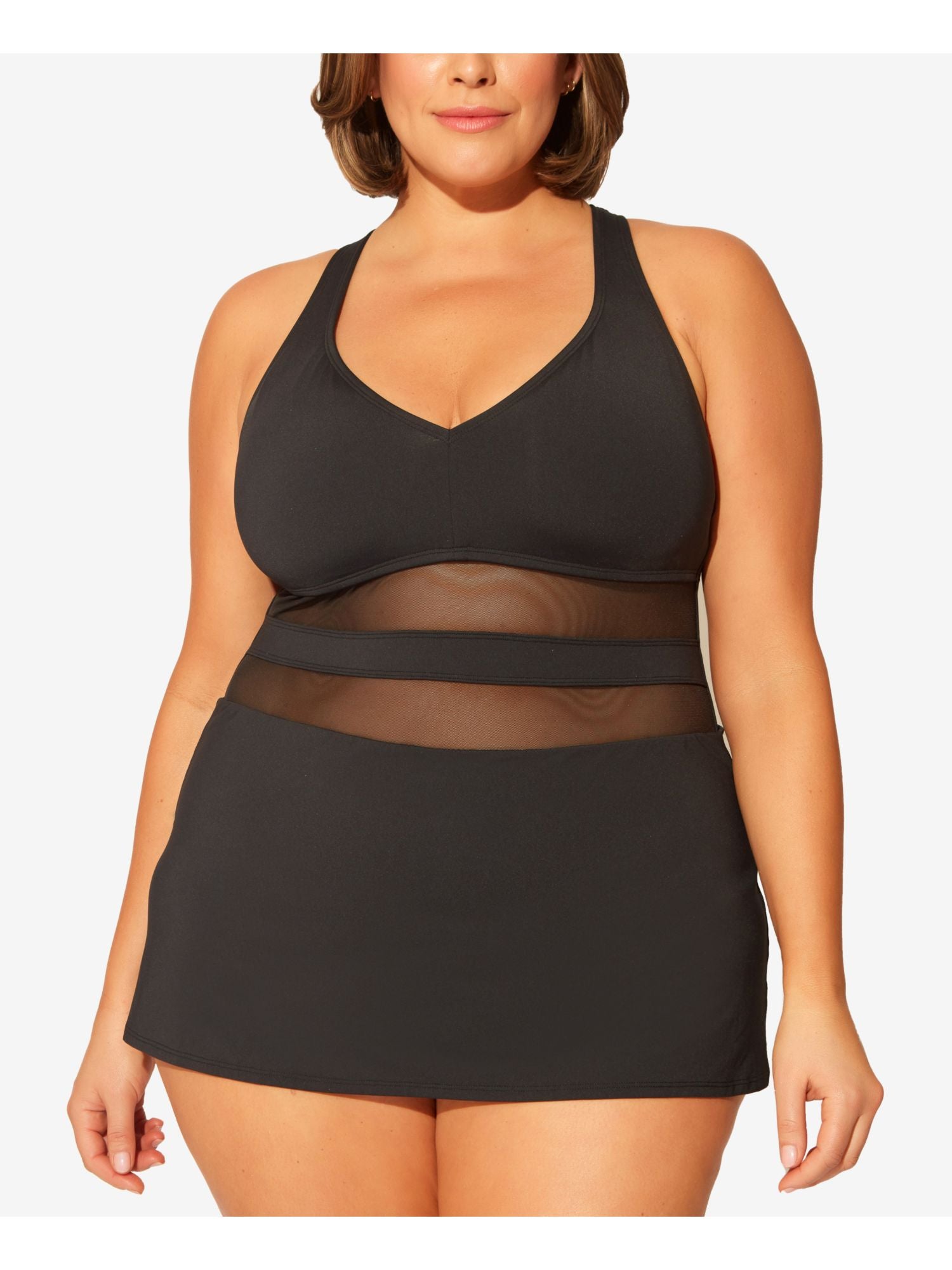 Bleu Rod Beattie Women's Stretch Mesh Inset Strappy Deep V Neck Full Coverage Swimdress Black Size 20W