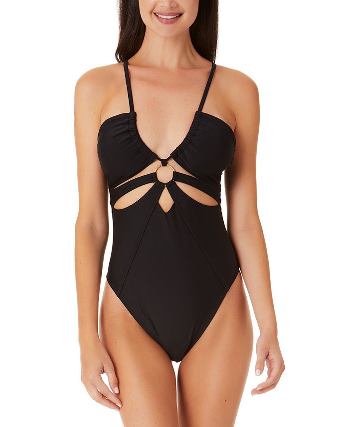 California Waves Junior's Cut Out Ring Front One Piece Swimsuit Black