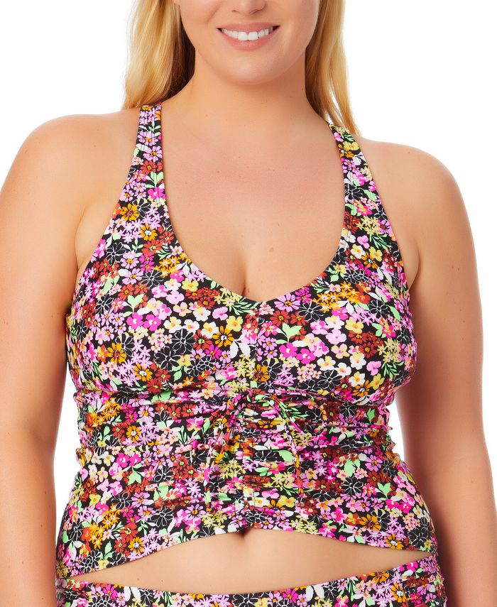 California Waves Women's Ditsy Print Drawstring Tankini Top Swimsuit Black