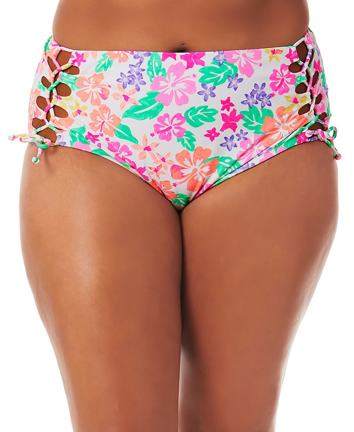 California Waves Women's Plus Hawaii Sunsets Lace Up Bikini Bottoms Swimsuit White Size 2X