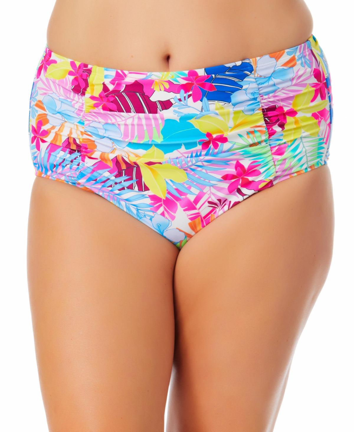 California Waves Women's Plus Tropical Print High Waist Bikini Bottoms Swimsuit White Size 2X