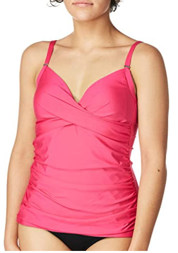 Calvin Klein Women's Hibiscus Ruched Tummy Control Tankini Swim Top Pink Size X-Large