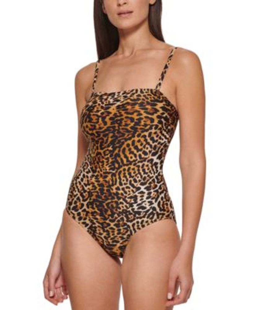 Calvin Klein Women's Leopard Print Strapless Tummy Control One Piece Swimsuit Brown