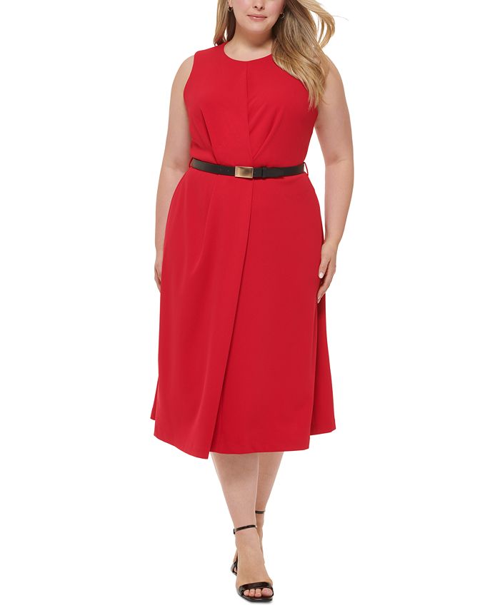 Calvin Klein Women's Plus Belted A Line Dress Red Size Plus