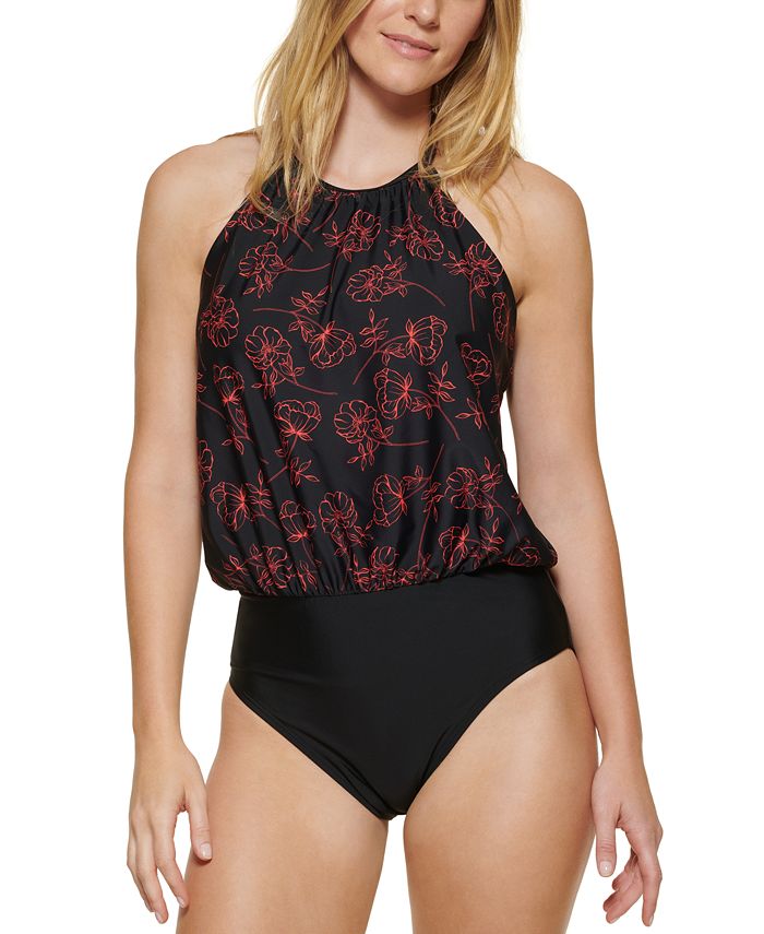 Calvin Klein Women's Printed Blouson One Piece Swimsuit Black