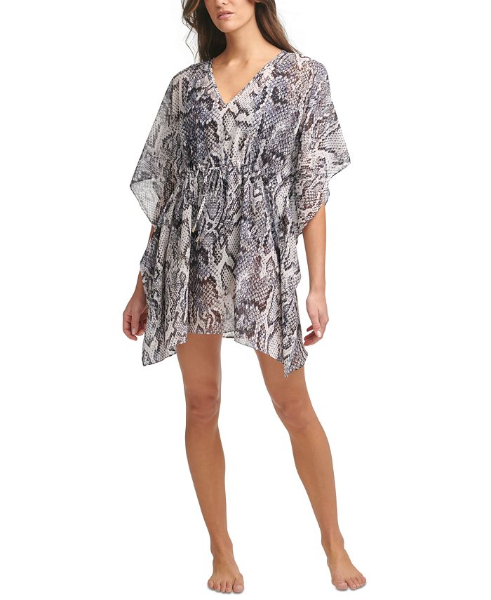 Calvin Klein Women's Snake Print Sheer Asymmetrical Caftan Deep V Neck Tie Swimsuit Dark Chocolate Rattlesnake Size X-Large