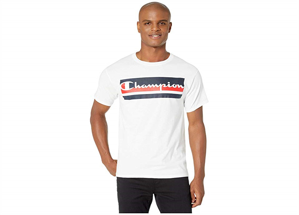 Champion Men's Logo with Stripes Athletics Classic Jersey Tee White Size Small
