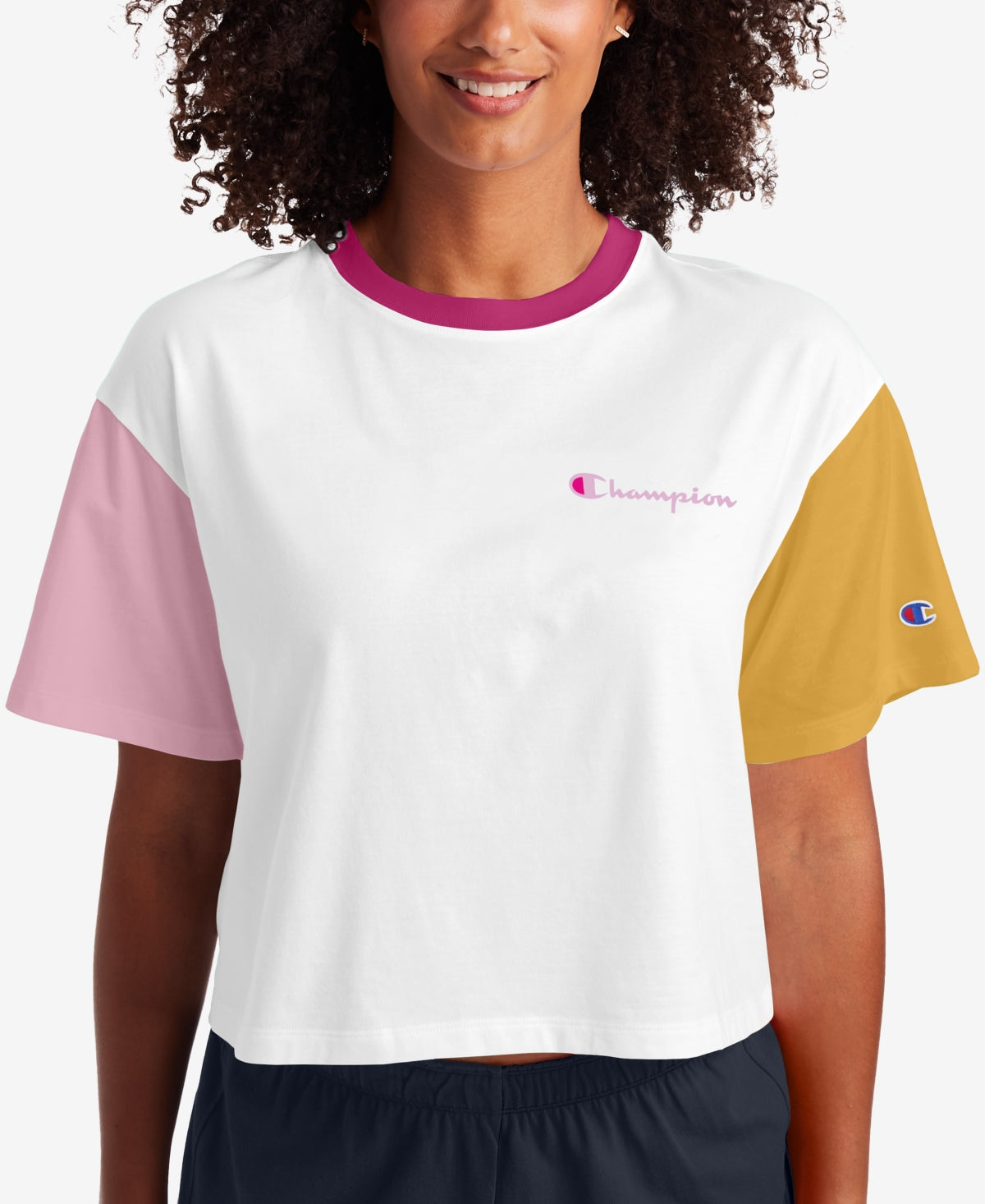Champion Women's Color Block Short Sleeve Crew Neck Crop Top White Size 0