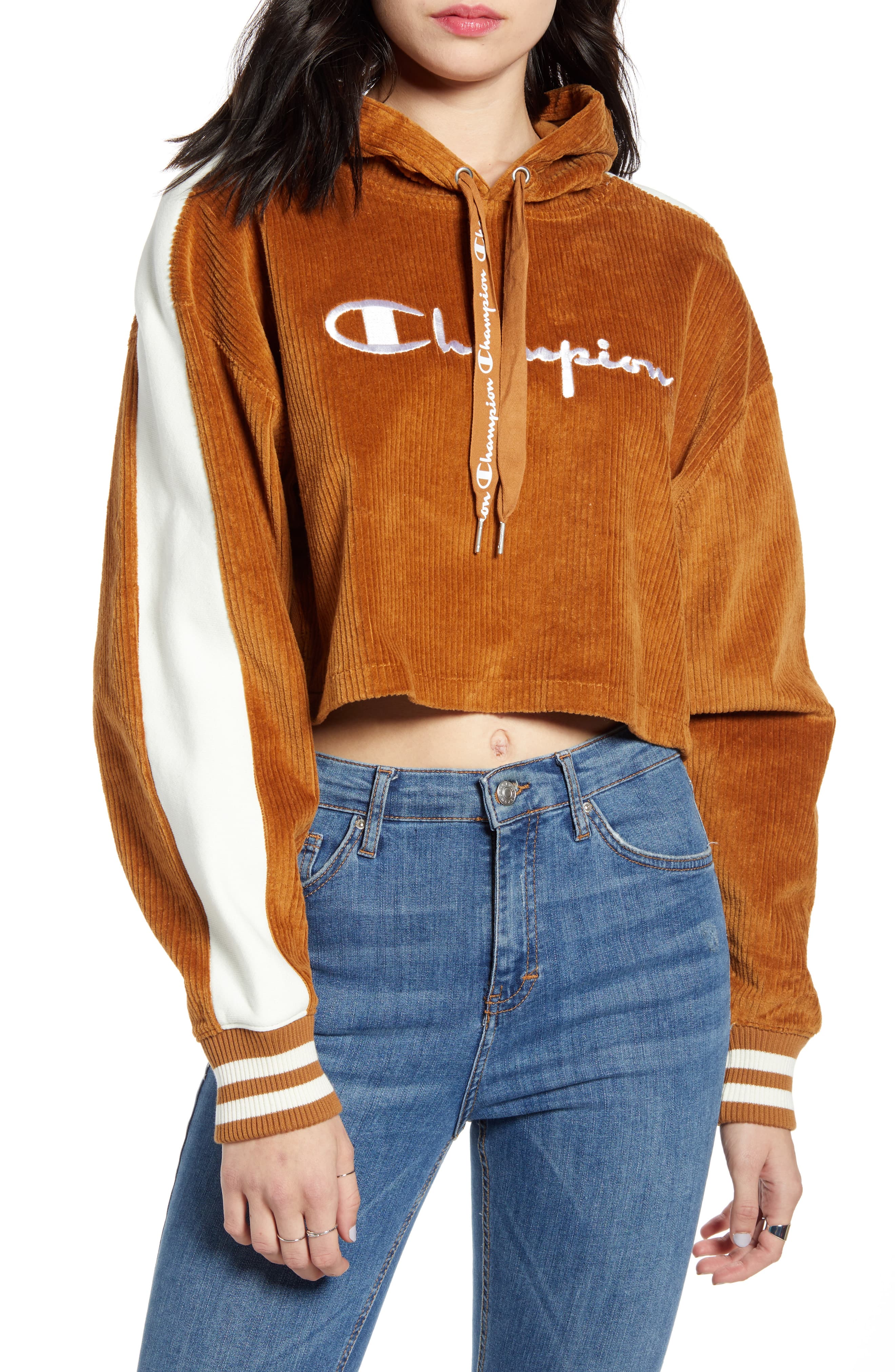 Champion Women's Corduroy Cropped Hoodie Brown Size X-Small