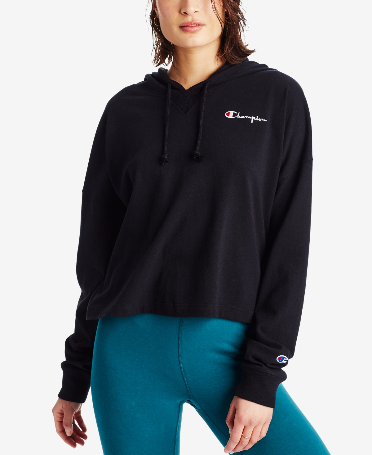 Champion Women's Cotton Logo Cropped Hoodie Black Size X-Small