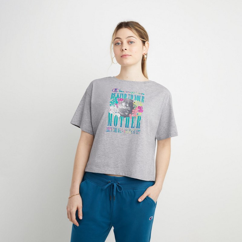 Champion Women's Graphic Cropped Short Sleeve T-Shirt Gray Size Medium