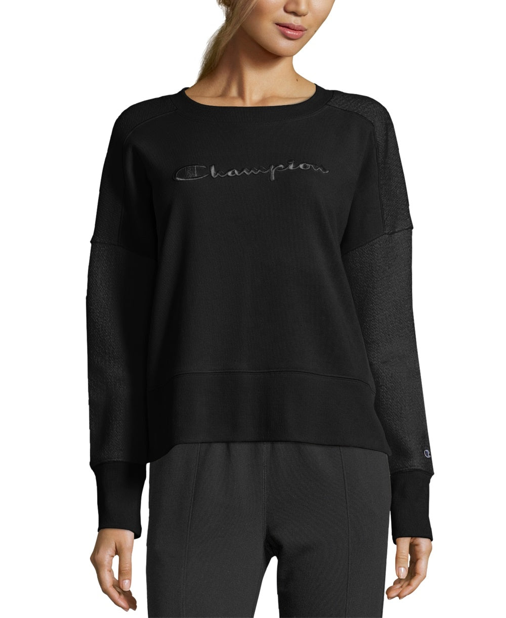 Champion Women's Heritage Cotton Mixed-Texture Sweatshirt Black Size Small