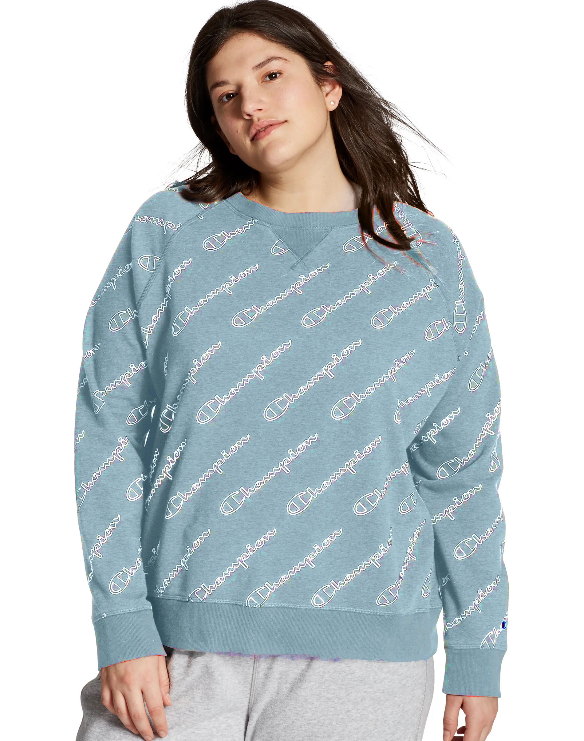Champion Women's Plus Heritage French Terry Print Crew Blue Size 2 Extra Large