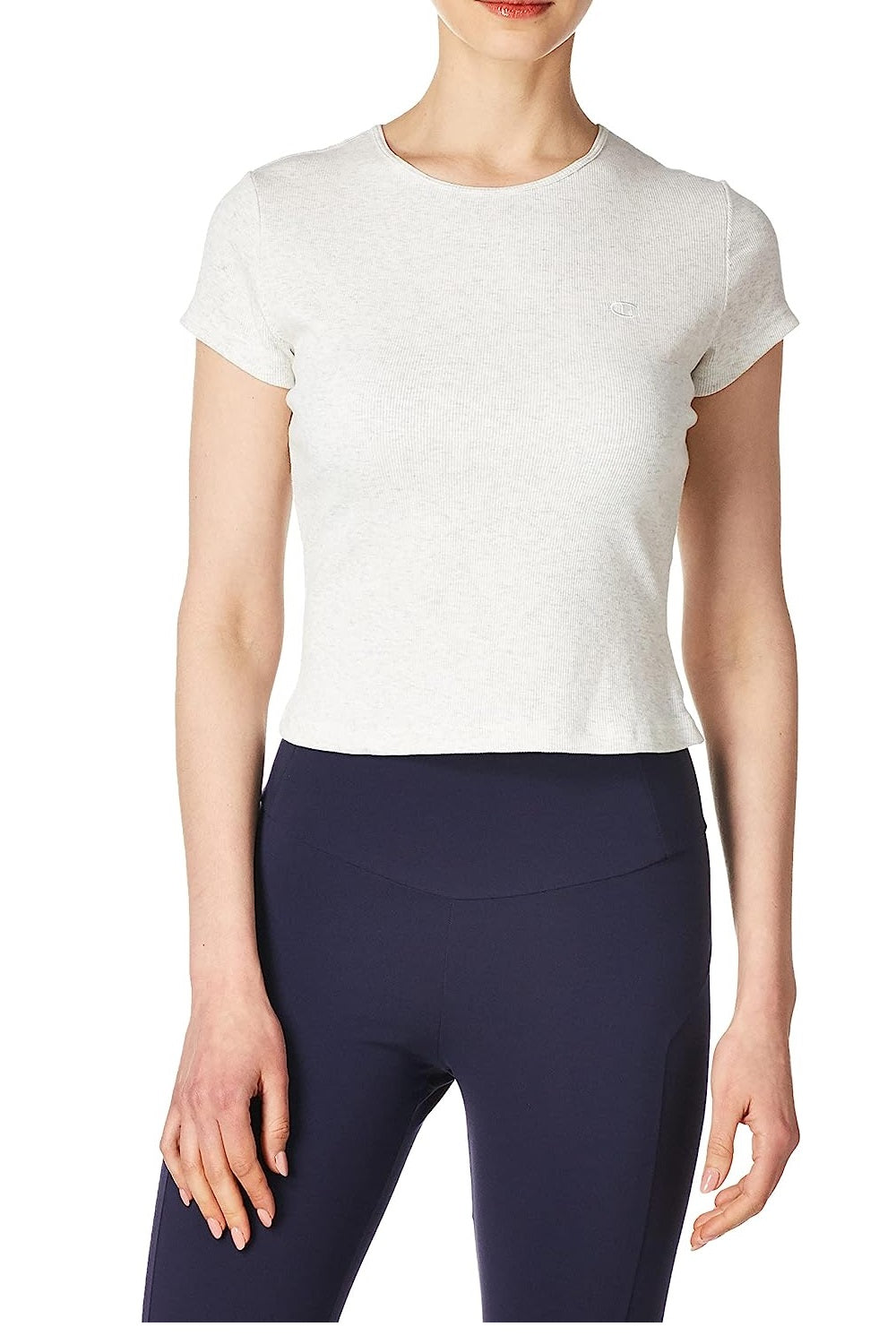 Champion Women's Ribbed Knit Cropped T-Shirt Silver Size Large