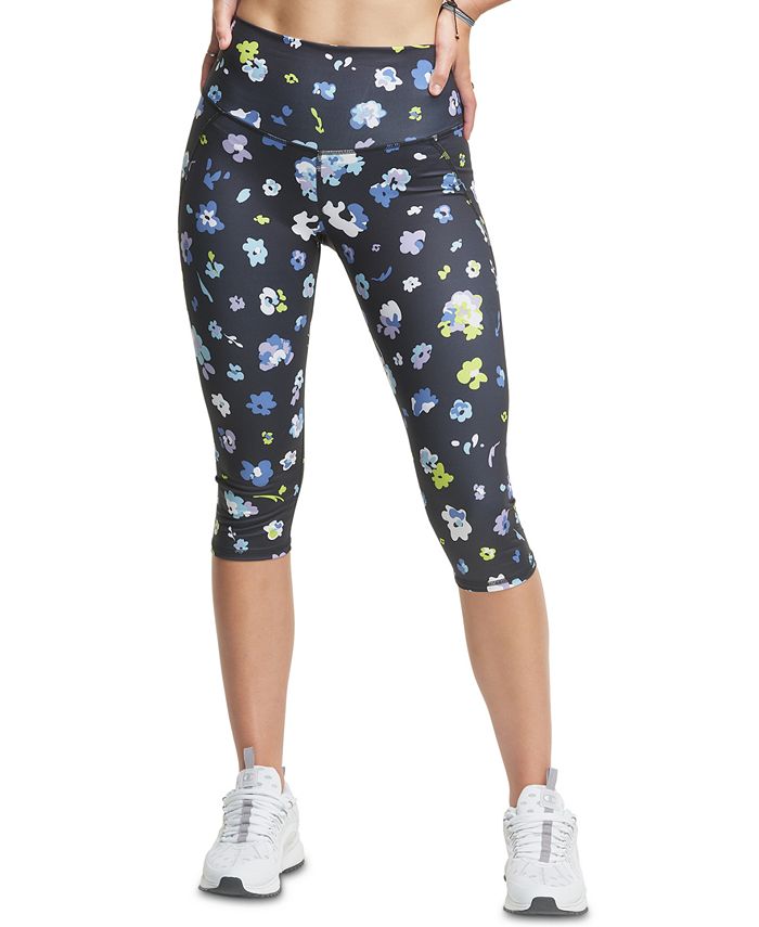 Champion Women's Stretch Moisture Wicking Odor Technology Built In Pocket Floral Active Wear Cropped Leggings Black Size Small