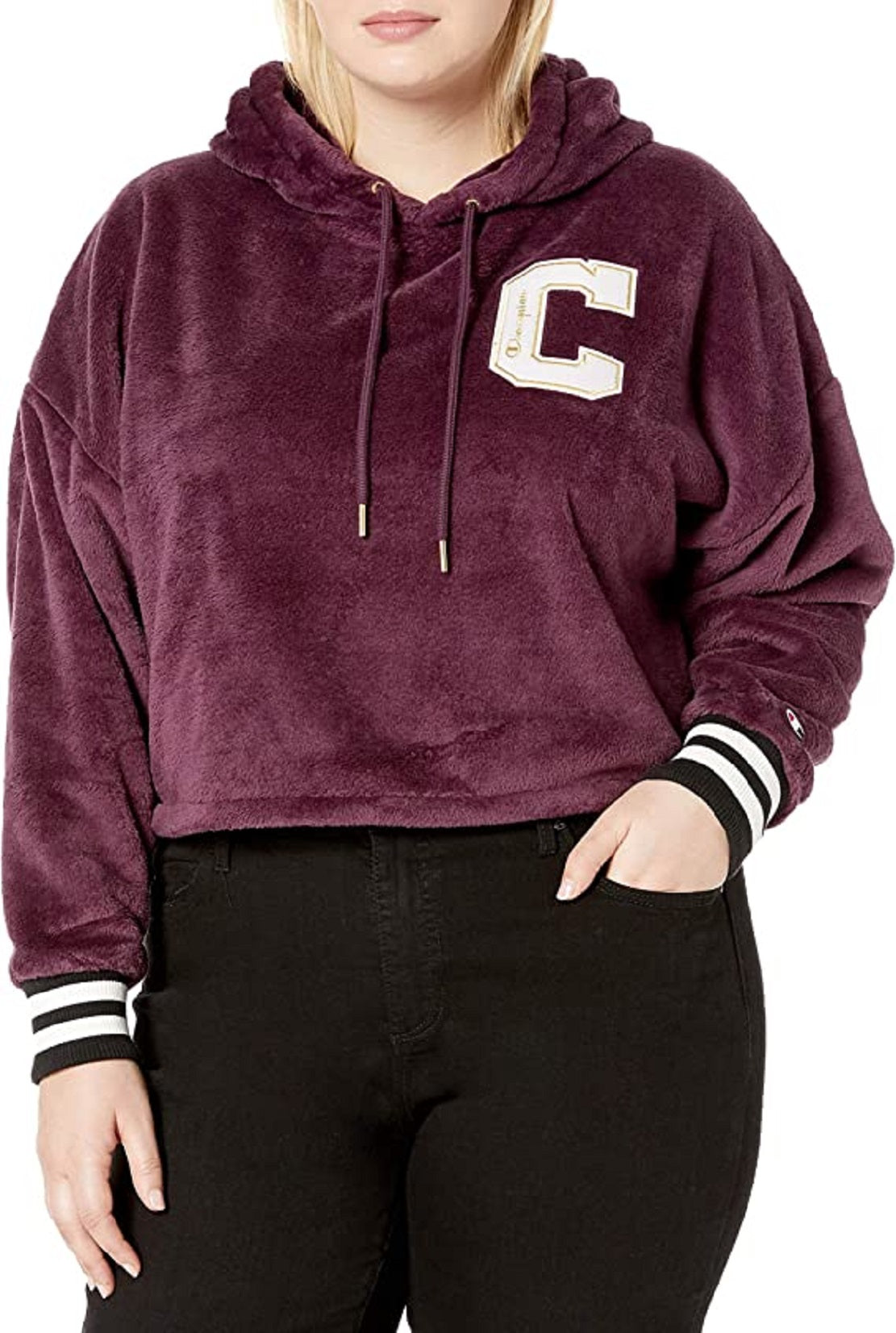 Champion Women's Super Fleece Faux Fur Cropped Cut Off Po Hood Purple Size X-Large