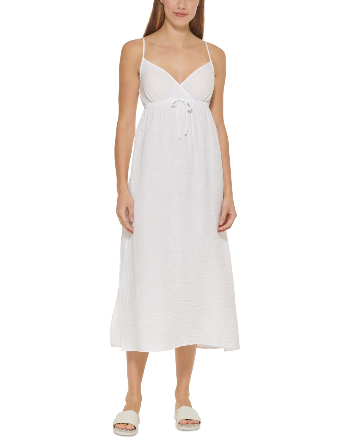 DKNY Women's V Neck Front Tie Maxi Dress Cover Up Swimsuit White Size Large