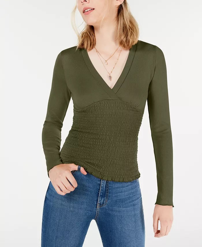 Freshman Junior's Smocked V Neck Top Green Size Small