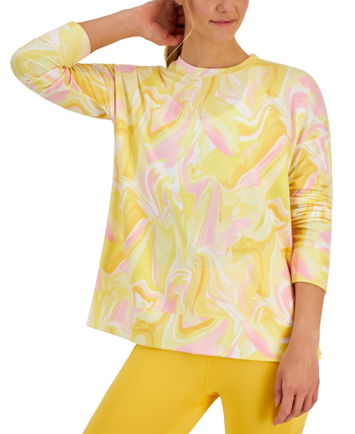 ID Ideology Women's Active Whirl Print Side Slit Relaxed Crewneck Sweatshirt Yellow Size X-Large