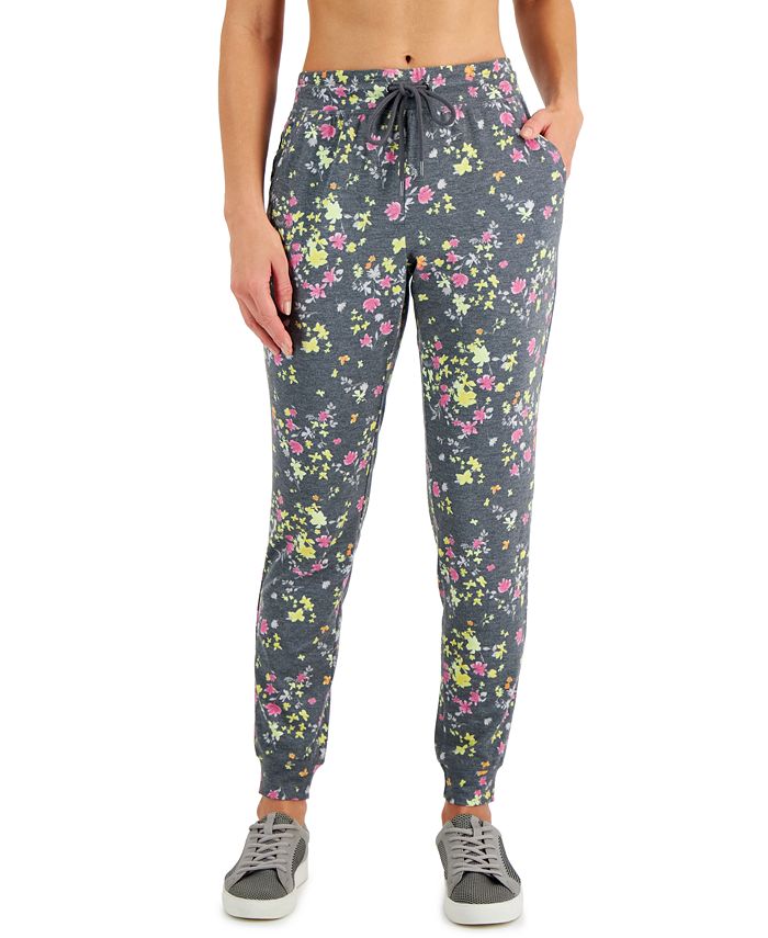 ID Ideology Women's Floral Print Pansy Slim Fit Drawstring Jogging Pants Gray Size X-Large