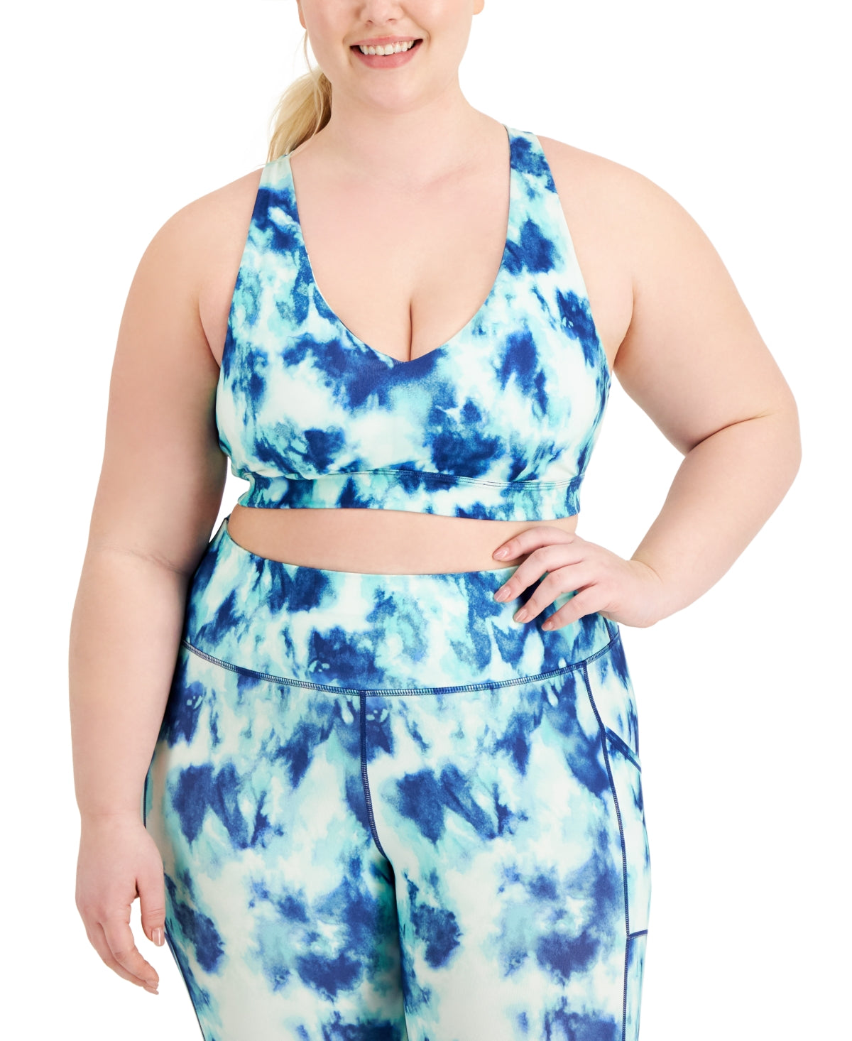 ID Ideology Women's Tie Dyed Strappy Low Impact Sports Bra Blue Size 1X