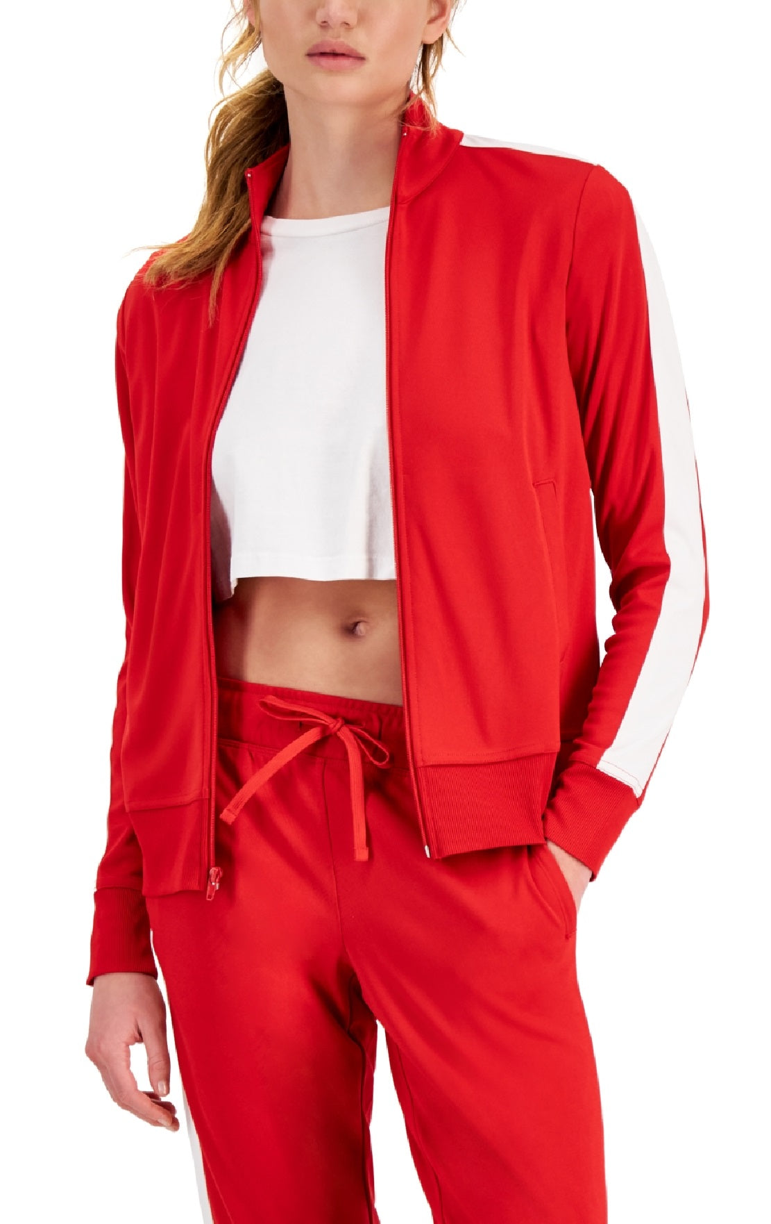 ID Ideology Women's Zip Striped Sleeve Track Jacket Red Size Medium