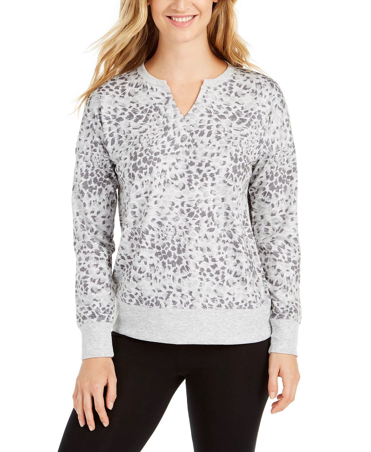Ideology Women's Printed Split Neck Top Grey Size Medium