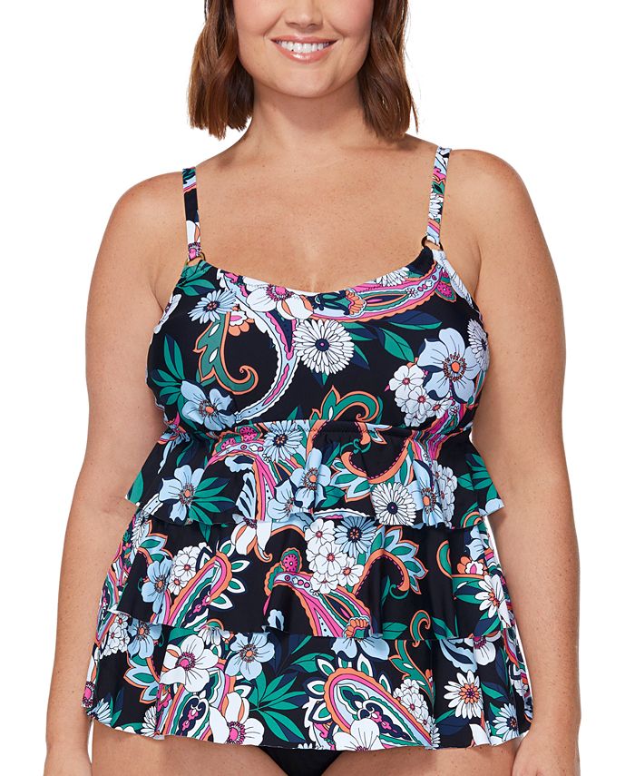 Island Escape Women's Printed Triple Tiered Underwire Tankini Swim Top Swimsuit Black Size Petite Small