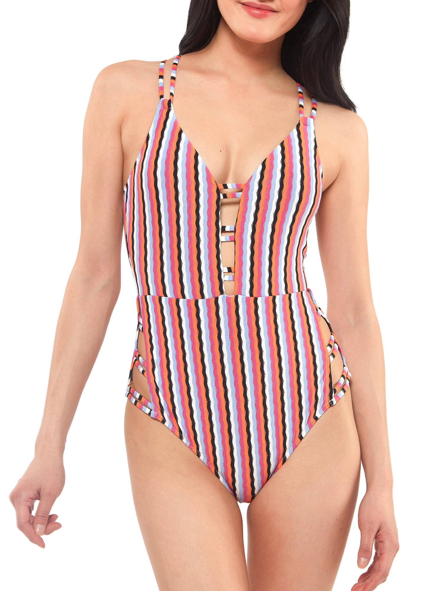 Jessica Simpson Women's Contemporary Got the Groove Double Strap Plunge One Piece Swimsuit Blue Size Medium
