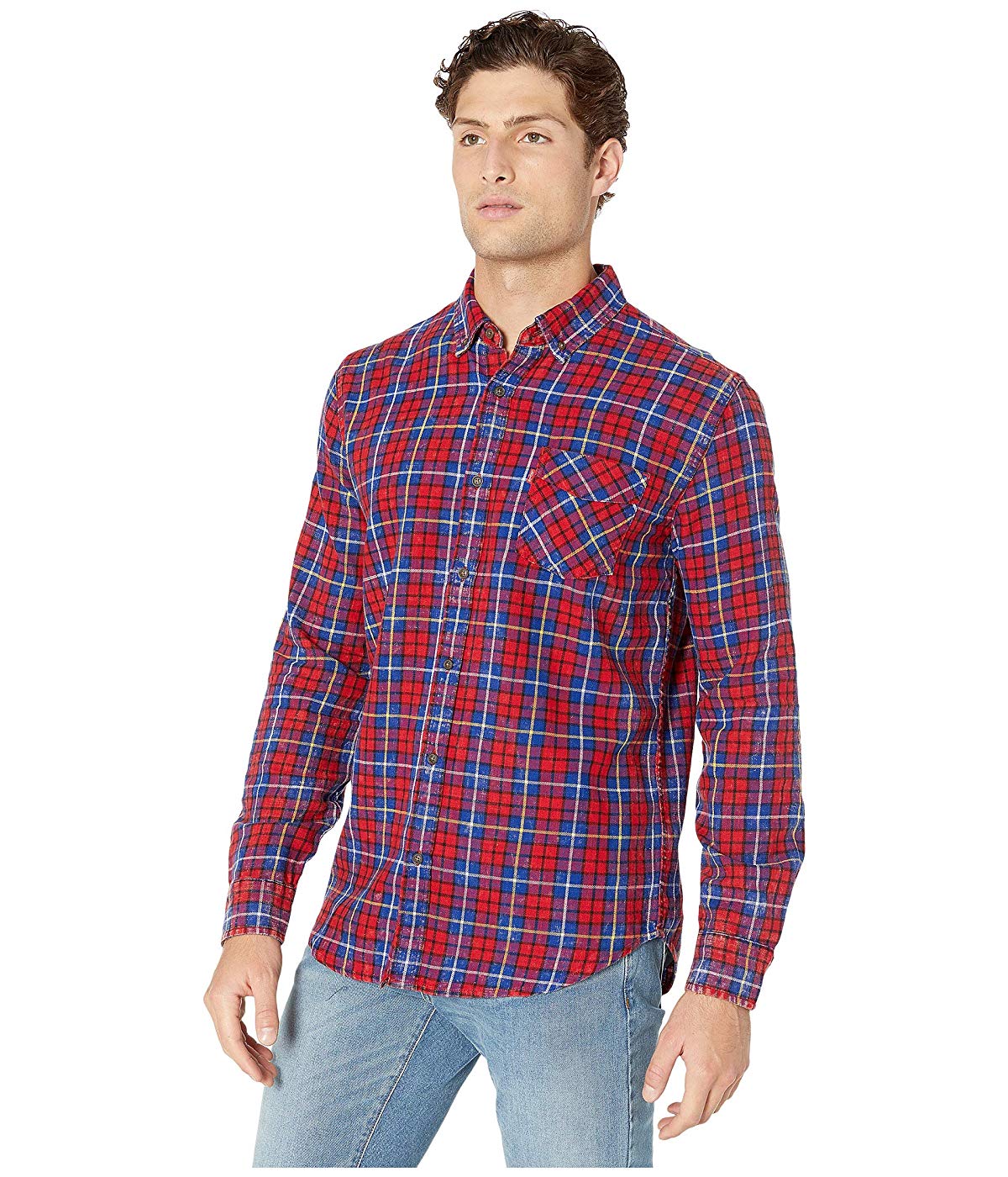 Levi's Men's Button Down Plaid Print Front Pocket Shirt Red Size X-Large