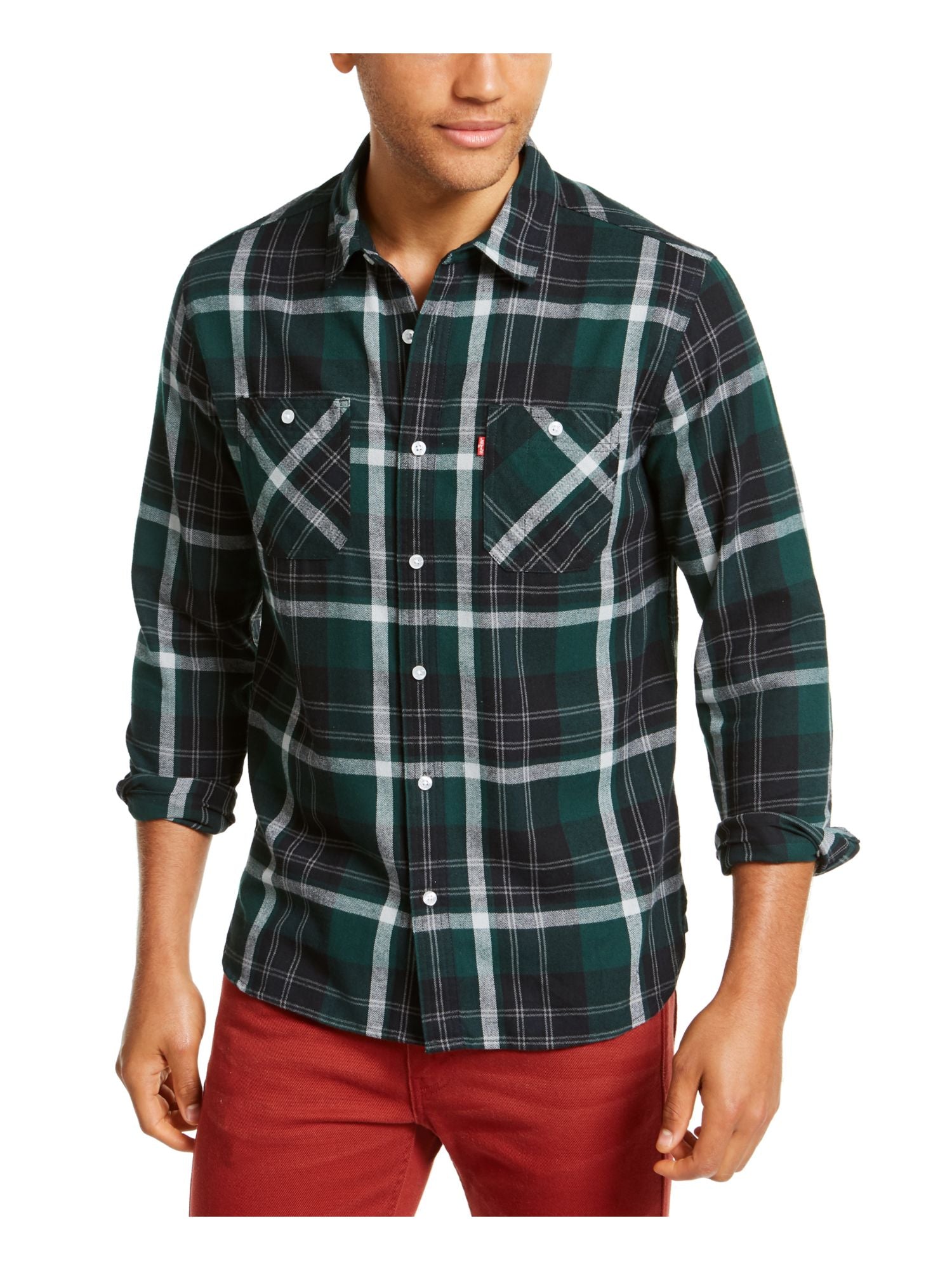 Levi's Men's Dual Pocket Plaid Flannel Shirt Green Size Large