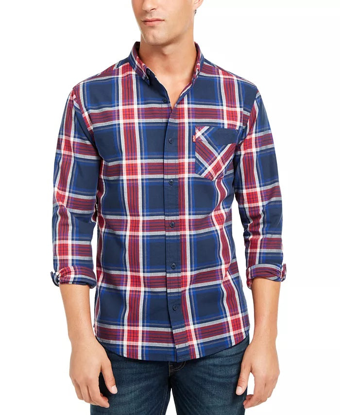 Levi's Men's Large Plaid Button-Down Shirt Med Blue Size Medium