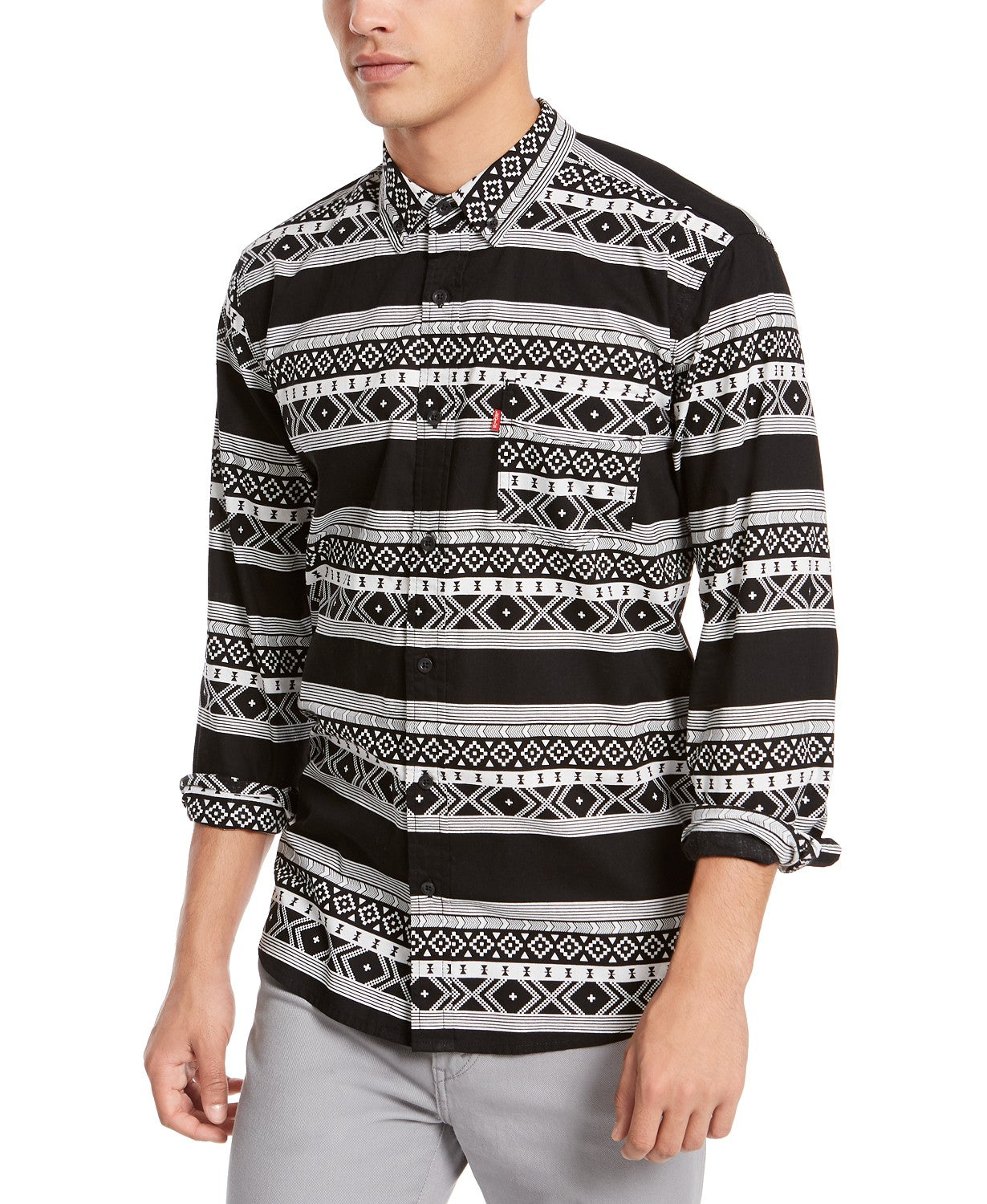 Levi's Men's Norte Regular-Fit Geo-Stripe Shirt Black Size XX-Large