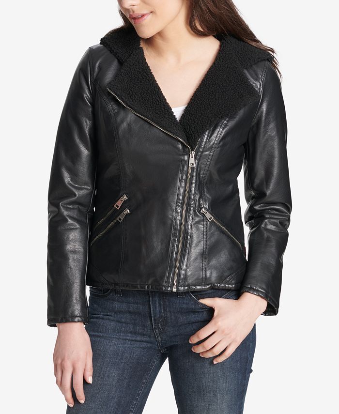 Levi's Women's Casual Jackets Sherpa Hooded Faux Leather Moto Jacket Black Size Small
