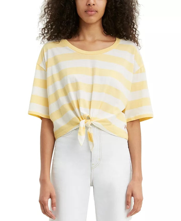 Levi's Women's Fiona Cotton Striped Tie Front T-Shirt Yellow Size X-Large