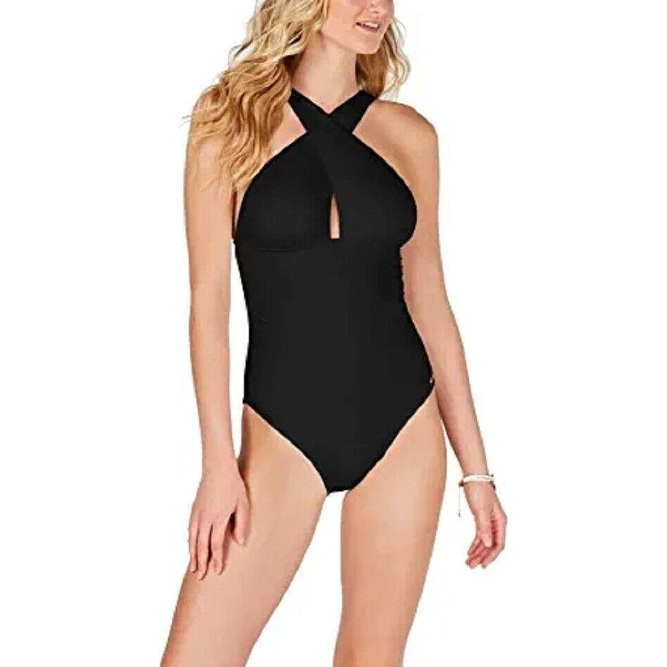 Michael Kors Women's High Neck Shirred Cross Front One Piece Black Size 10