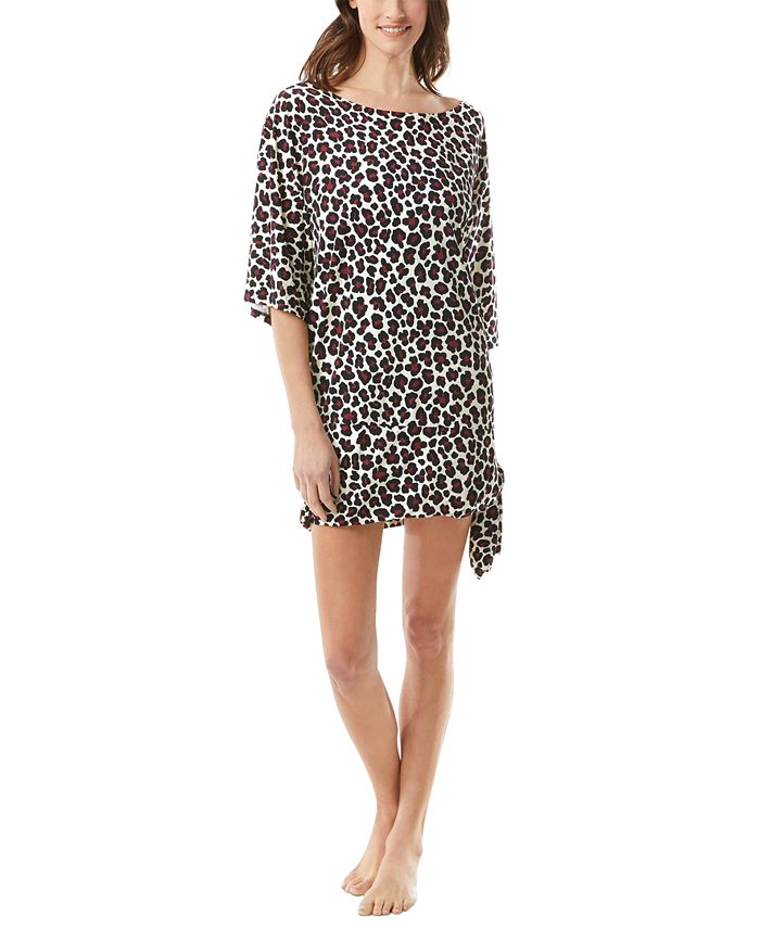 Michael Kors Women's Printed Elbow Sleeve Boat Neck Dress Side Tie Swimsuit Black Size Medium