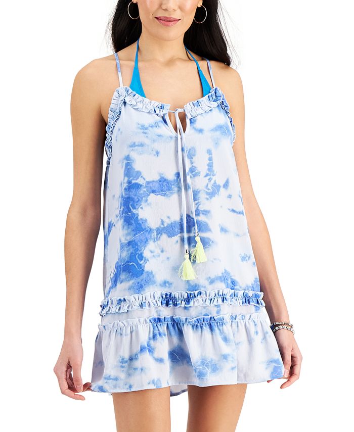 Miken Junior's Tie Dyed Ruffled Swim Cover Up Swimsuit Blue Size Medium
