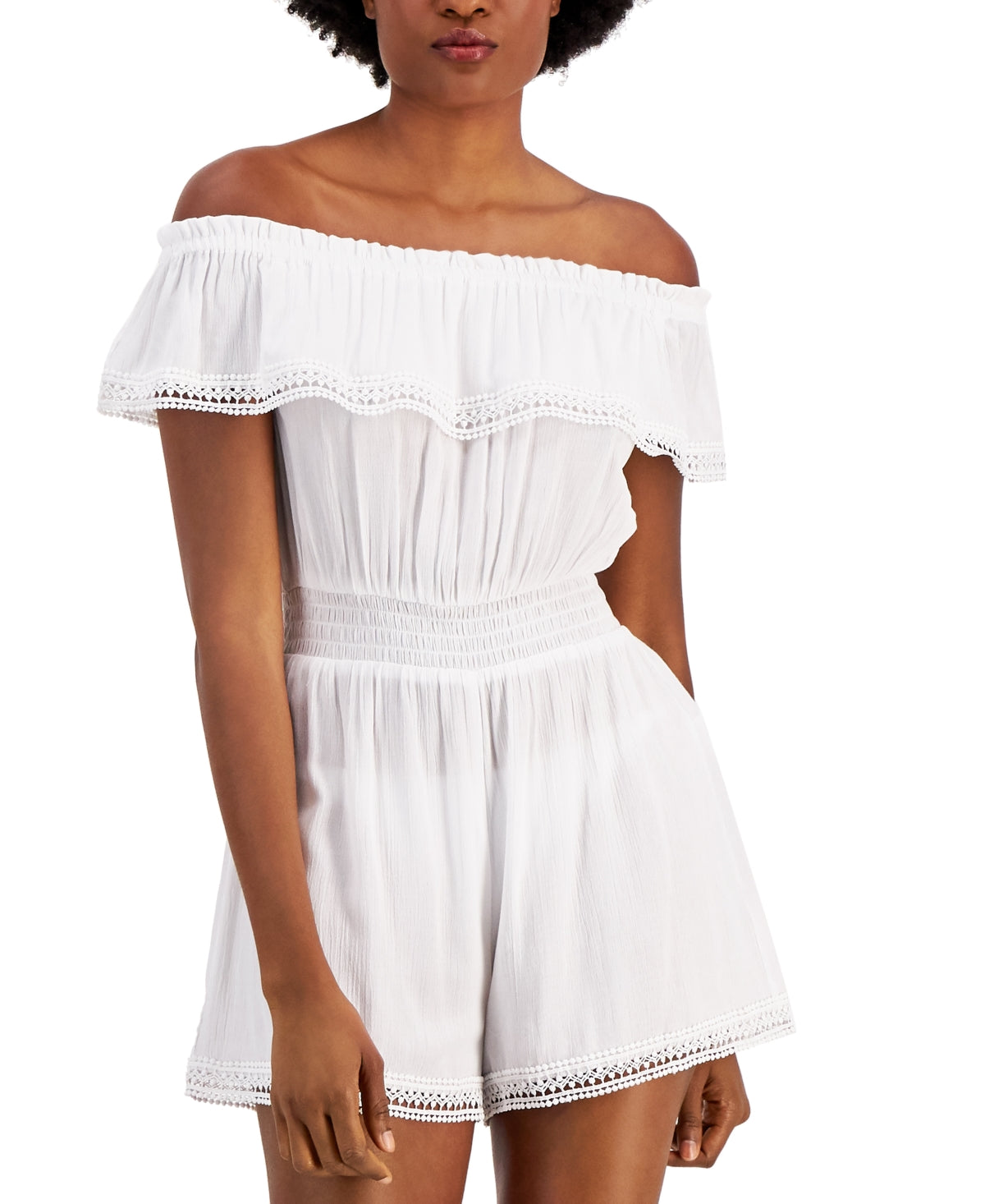 Miken Juniors' Women's Off-The-Shoulder Romper Cover-Up  Swimsuit White Size XS
