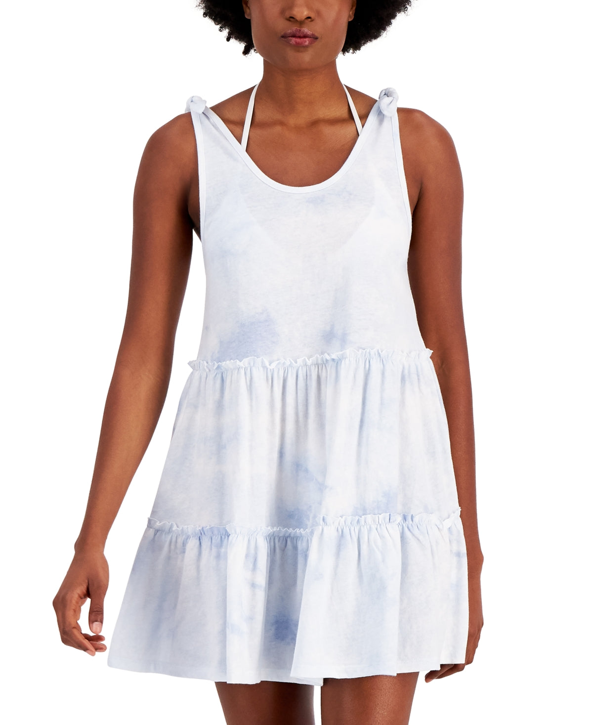Miken Women's Cotton Tie Dye Print Tiered Dress Swimsuit White Size X-Small
