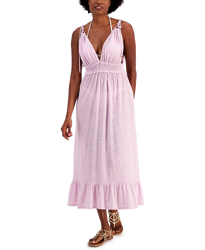 Miken Women's Smocked Midi Dress Cover Up Swimsuit Purple Size Small