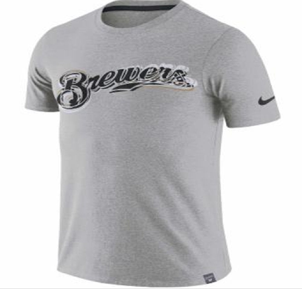Nike Men's Heathered Milwaukee Brewers Marled Wordmark T-Shirt Gray Size XL