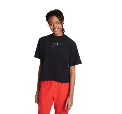 Nike Women's Dri Fit Rainbow Embroidered Logo T-Shirt Black Size X-Large