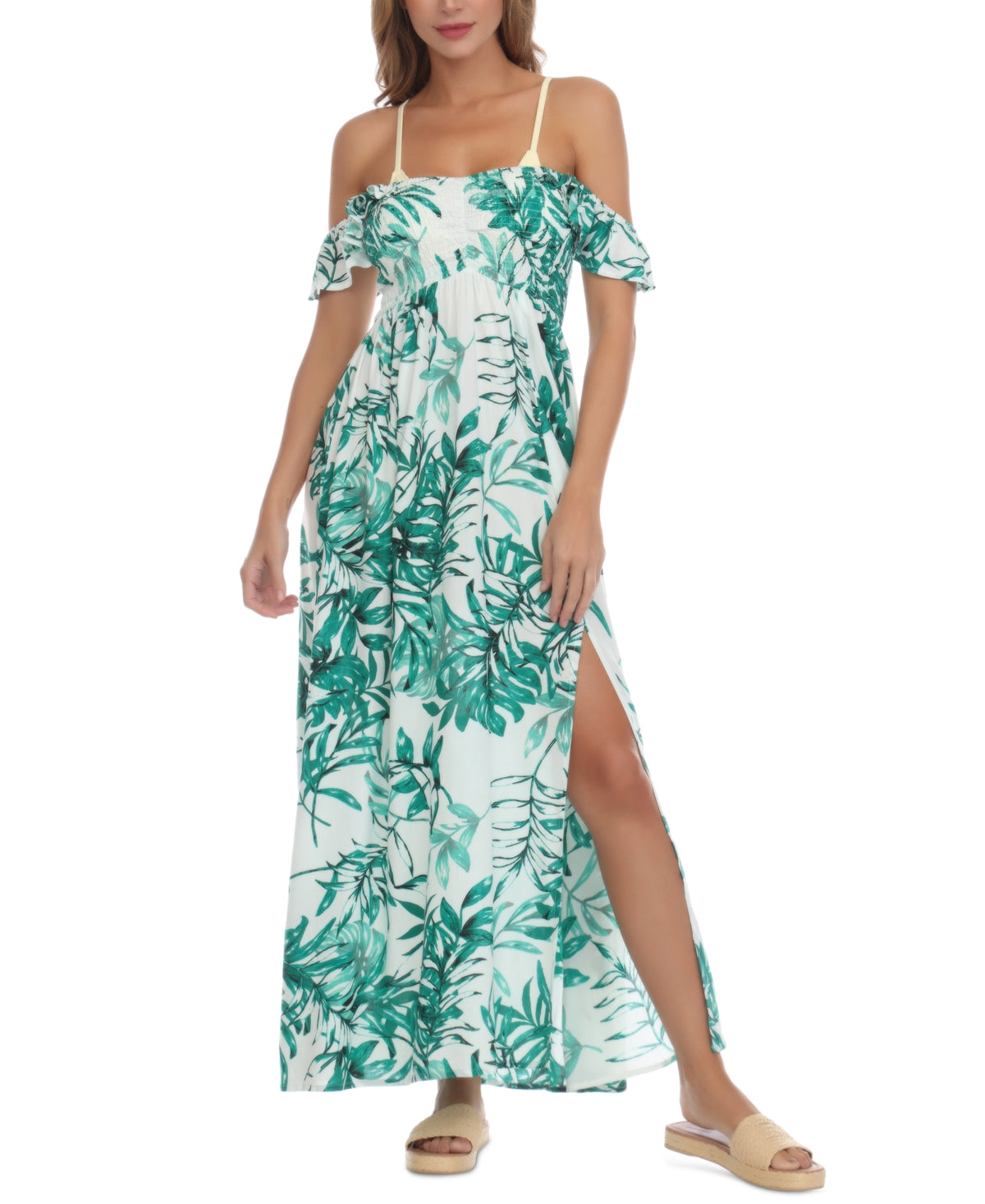 Raviya Women's Printed Smocked Off The Shoulder Swim Dress Swimsuit Green Size Medium