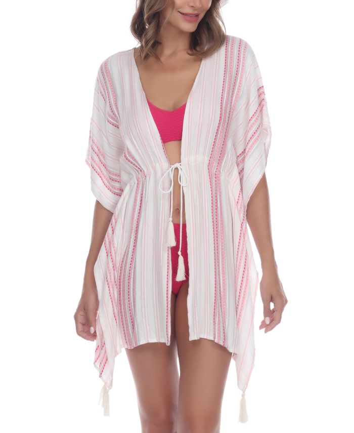 Raviya Women's Striped Tassel Trim Cover Up Dress Swimsuit Pink Size Large