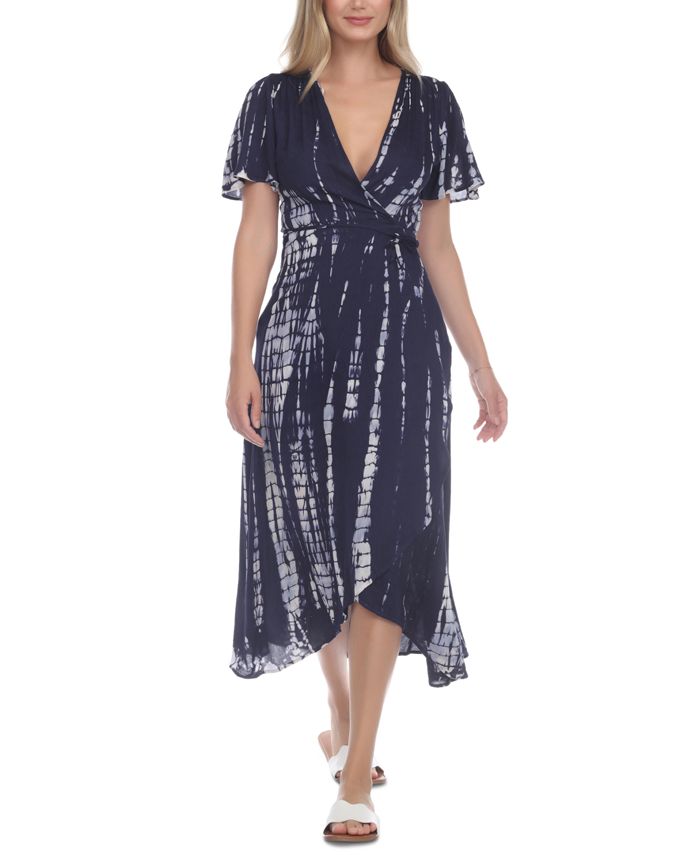 Raviya Women's Tie Dye Print Cover Up Wrap Dress Swimsuit Blue